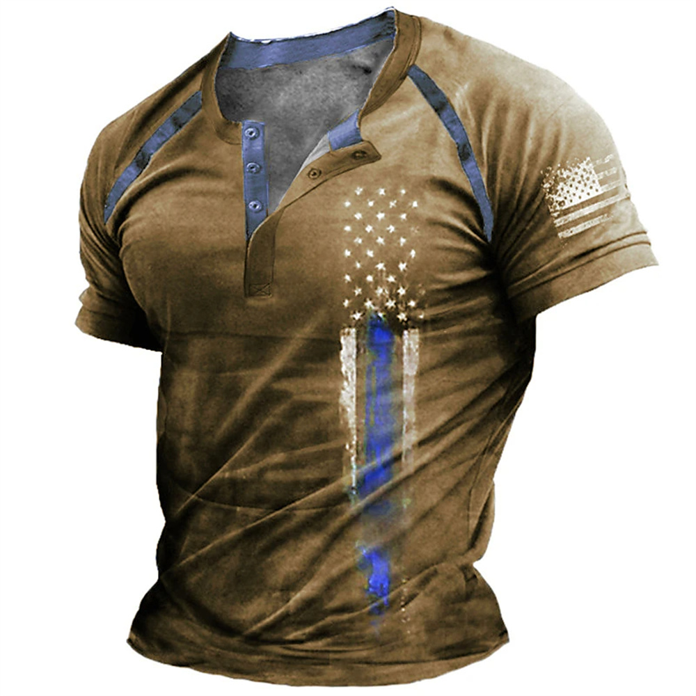 Vintage Fashion Enthusiasts - Lustiges 3D-amerikanische-Flaggen-Print Herren-Henley-Shirt, modisches Henley-Kragen-Kurzarmshirt, Sommer-Streetwear,