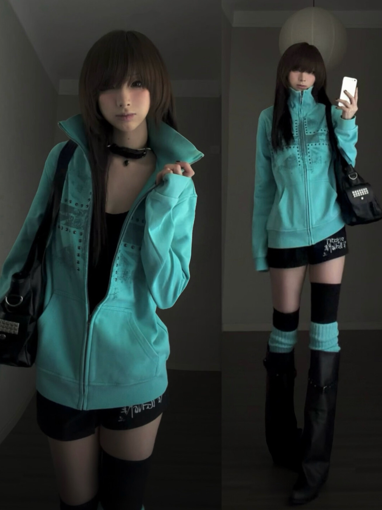 Vintage Windbreaker Nylon - Mintgrüner, bedruckter Hoodie mit Strasssteinen, lockerer